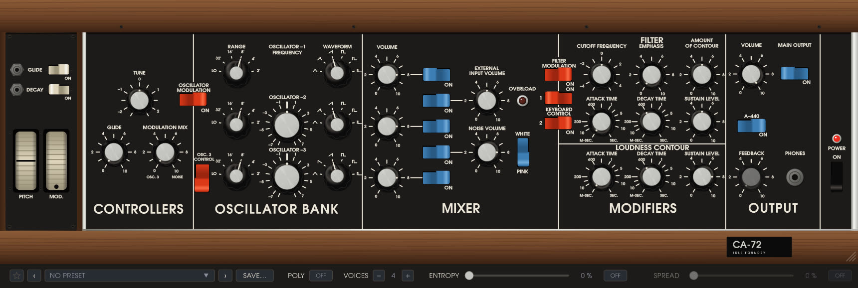 The CA-72 synthesizer plugin panel.